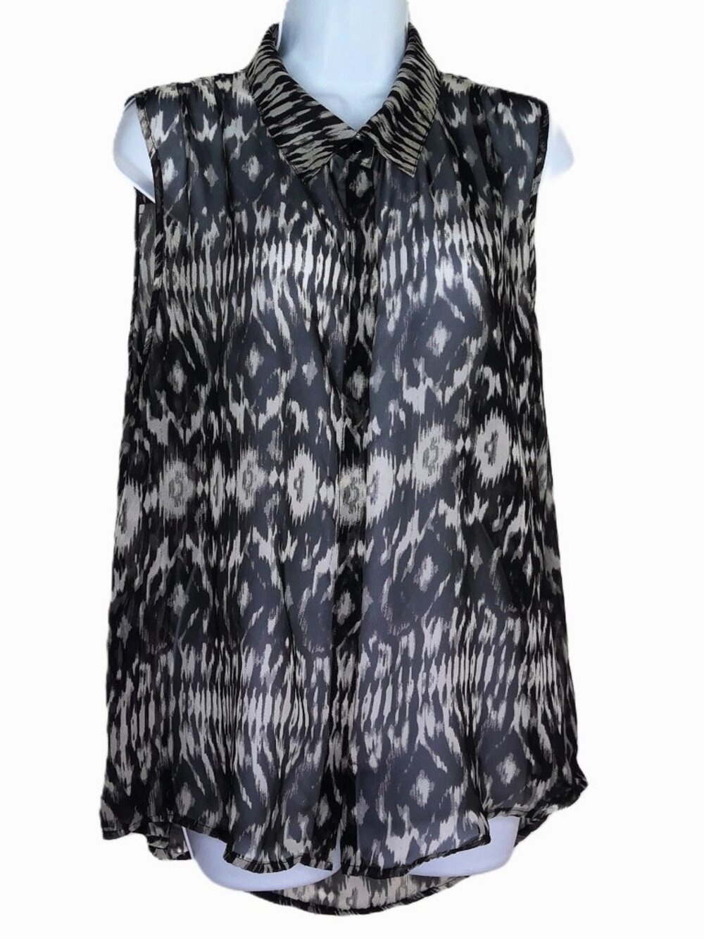 Bik Bok Sleeveless Top Black & Shades of Gray Animal Print Sheer Blouse Flowy L